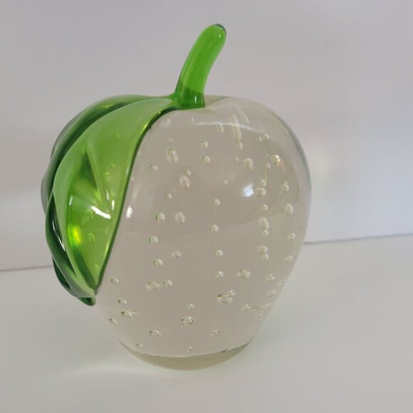 Handmade Clear & Green Glass Apple Paperweight With Bubbles - Picture 1 of 5